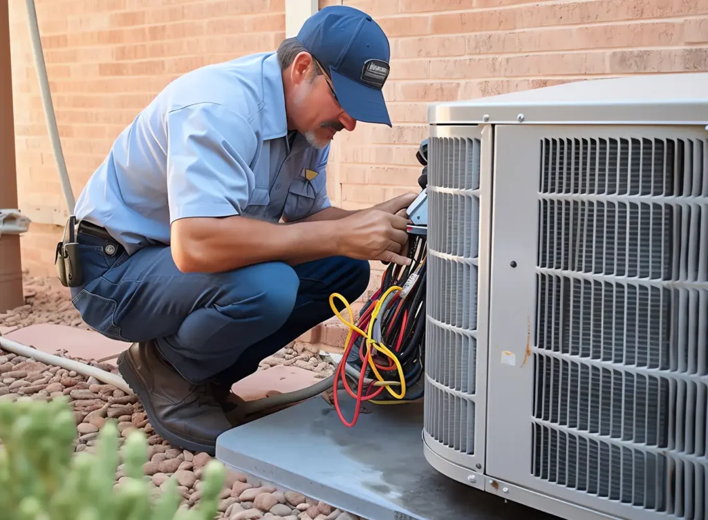 ai-generated image of a repair technician performing maintenance on a residential heat pump condenser unit springfield illinois