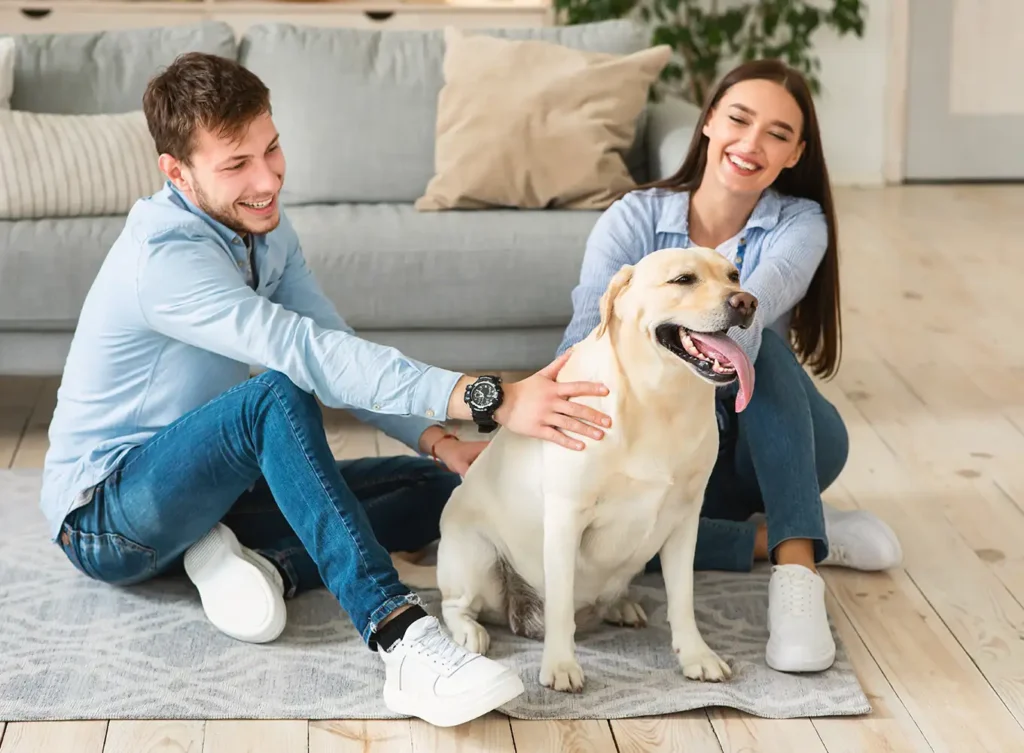 young couple petting their dog on the floor of their comfy living space springfield illinois