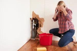 A concerned woman in her Springfield, IL home squatting by a bucket and sponge next to a leaking pipe in her wall calling for an emergency plumber.