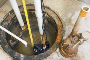 Sump pump with standing water in it in the basement of a Springfield, IL home.